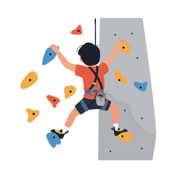 a child wearing a safety harness and climbing shoes, reaching for a colorful hold on an artificial rock climbing wall, 