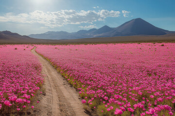 Naklejka premium Dirt road through pink flowers field.