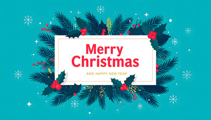 Merry christmas greeting card with festive pine branches, holly berries, and snowflakes