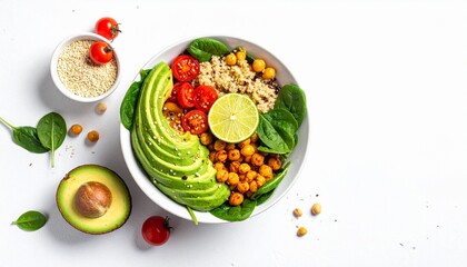 Healthy Plant-Based Salad Bowl with Avocado, Quinoa, and Spinach Isolated on White Background