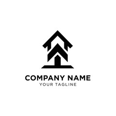 Minimalist black logo design of a house with an upward arrow, symbolizing growth and real estate, on a white background.