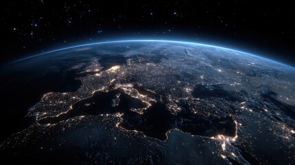 Earth at Night View from Space Displaying City Lights Across Europe and Middle East