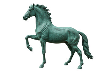 Isolated bronze horse sculpture, prancing animal statue with mane and tail detail outdoor