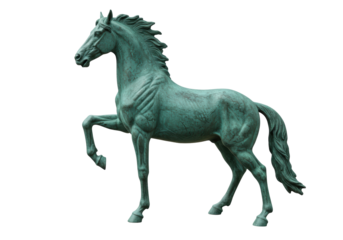 Isolated bronze horse sculpture, prancing animal statue with mane and tail detail outdoor