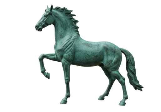 Isolated bronze horse sculpture, prancing animal statue with mane and tail detail outdoor