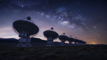 Starry purple space shows radio telescopes. Backdrop ideal for science, technology, presentation, or posters.