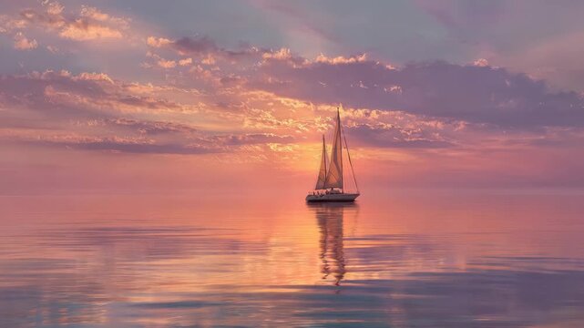 A sailboat moves over still ocean waters, under a glowing pastel sunset sky with clouds, reflecting peace and freedom on a tranquil evening