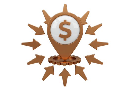 Isolated dollar sign in a location pin with arrows point at, financial center idea