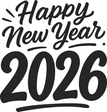 Happy New Year 2026 lettering, festive doodle typography design, decorative holiday numbers and celebration text, vector illustration for greeting cards, party, posters and creative projects