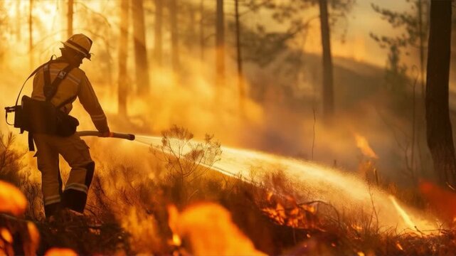 A firefighter in protective gear extinguishes a forest fire, with flames engulfing dry vegetation. Forest fires as a consequence of climate change are relevant for environmental articles, news about n