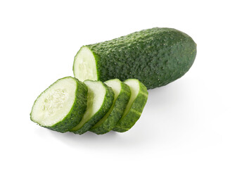 Cucumber and slices of cucumber isolated on white background.