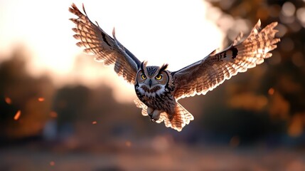 Obraz premium A majestic great horned owl soars through the air, illuminated by the golden setting sun