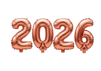 Isolated rose-gold balloon display of the year 2026, set against a neutral scene for party decoration
