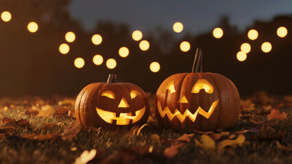 Glowing Jack-o’-Lantern Pumpkins at Night with Autumn Leaves and Bokeh Lights – Halloween Background