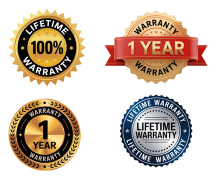 Warranty Badge Set – Lifetime Warranty & 1 Year Guarantee Labels with Gold and Silver Seal Design on Transparent Background
