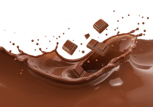 Isolated splash of delicious chocolate drink with falling pieces of chocolate, yummy dessert