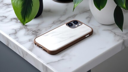 Elegant marble phone case on countertop alongside verdant plants enhancing tech style