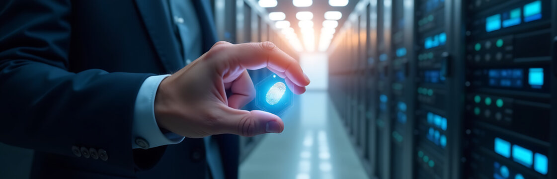 man fingers hover sleek fingerprint scanner illuminated soft blue light sprawling data center hums backdrop