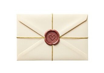 Isolated romantic envelope secured by cord and wax seal, letter with love heart, wedding invite