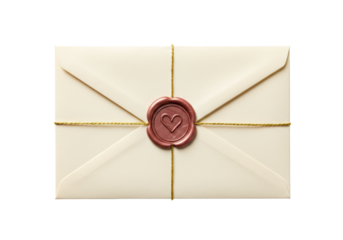 Isolated romantic envelope secured by cord and wax seal, letter with love heart, wedding invite