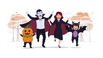Halloween Gathering: A lively illustration depicting a family dressed in Halloween costumes, creating a playful scene with a friendly pumpkin and a cheerful vampire family. 
