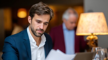 Obraz premium Modern Business Traveler Engaged in Work at Hotel Lobby with Selective Focus and Leading Lines