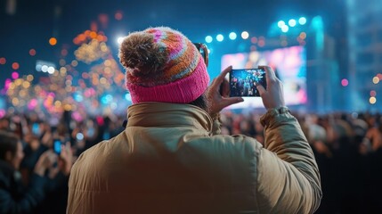 Capturing the Moment: A Fan Records a Live Concert with Their Smartphone in a Crowd