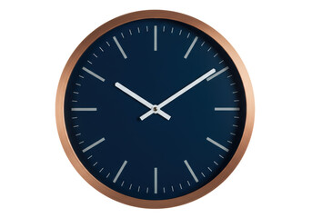 Isolated Modern wall clock, wooden frame, dark blue clock face, time-telling apparatus