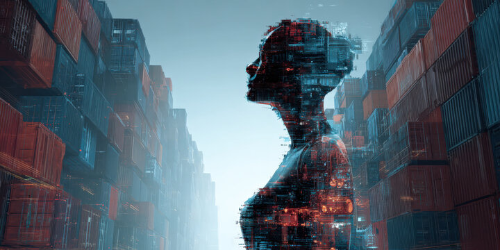 Digital silhouette of person is overlaid with futuristic, technological pattern, set against backdrop of shipping containers, symbolizing intersection of technology and global trade