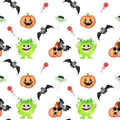 Colorful Halloween pattern featuring pumpkins, bats, and playful monsters on a vibrant orange background