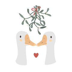 Two happy geese under mistletoe hanging bunch. Christmas kisses concept. Vector isolated illustration © Toltemara