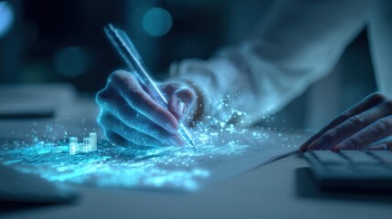 Digital Artist Creates Futuristic Graphic with Pen and Advanced Technology for Innovative Solutions