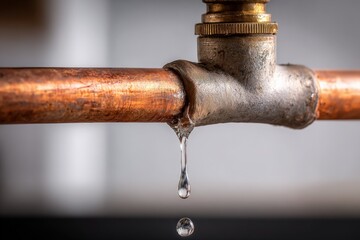 Leaking Copper Pipe Joint with Water Droplet, Illustrating Plumbing Problems and Home Repair Issues