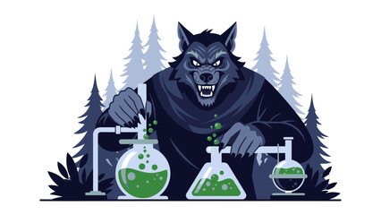 Werewolf in Laboratory: A formidable werewolf, eyes gleaming with an uncanny intellect, engages in alchemical experimentation within a whimsical forest setting.