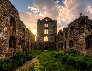 Ruined abbey at sunset