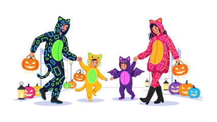 Family Halloween Fun: A joyful family dressed in colorful Halloween costumes happily celebrate in a festive scene with pumpkins and lanterns in a vector illustration.