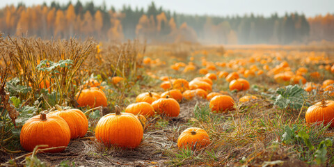 Vibrant pumpkin patch in autumn farm field with orange pumpkins scattered across ground, surrounded by golden foliage and misty forest in background