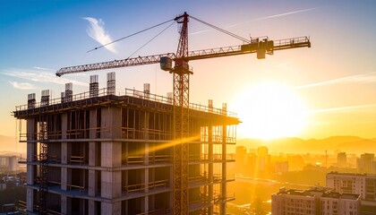 Sun-drenched construction site with towering crane building future cityscapes at dawn