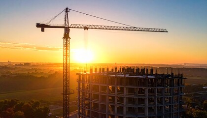 Towering crane oversees building construction at sunrise, symbolizing progress and urban development