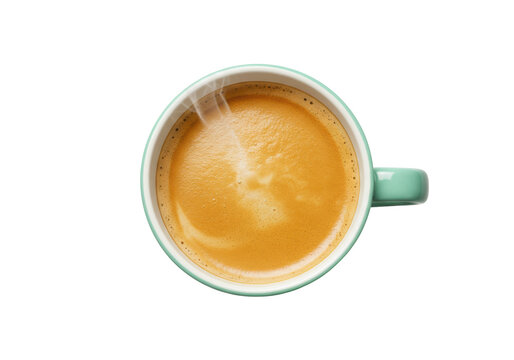 Isolated top-down view of a hot steaming espresso in a teal-colored ceramic cup, nobody there - Powered by Adobe