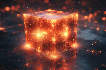 A glowing cube with fire in the middle.