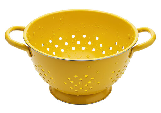 Isolated kitchen colander with water droplets, yellow strainer washing vegetables food preparation