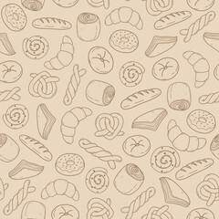 Repeat pattern of hand drawn bakery goods on brown color background