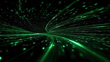 Dynamic Green Light Trails Forming a Digital Tunnel, Perfect for Technology and Futuristic Concepts