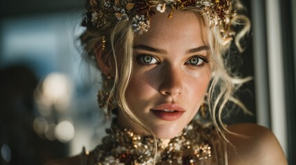 Portrait of an ethereal woman with floral headpiece showcasing serene beauty