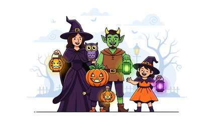 Halloween Family Gathering: A spooky yet playful scene of a family dressed in Halloween costumes. It showcases a witch, a goblin, and a little girl.
