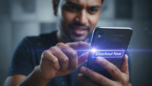 Closeup of man tapping smartphone for Cyber Monday shopping - Powered by Adobe