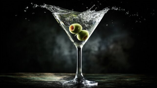 Elegant Martini Cocktail with Olive Garnish and Dynamic Splash on Dark Background, Symbolizing Celebration