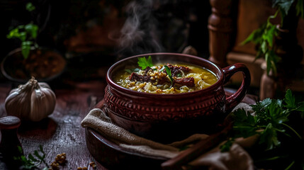 Hearty sauerkraut soup with  smoky pork shank and nutty groats, served in a rustic ceramic bowl on a dark wooden table.