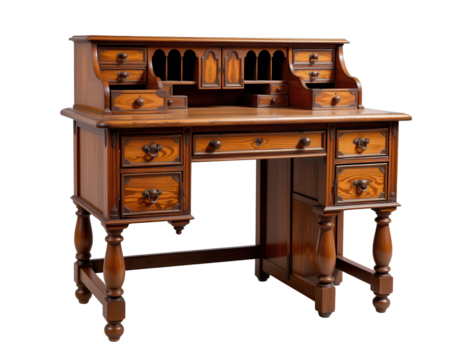Elegant Traditional Wooden Writing Desk with Multiple Drawers and Shelves